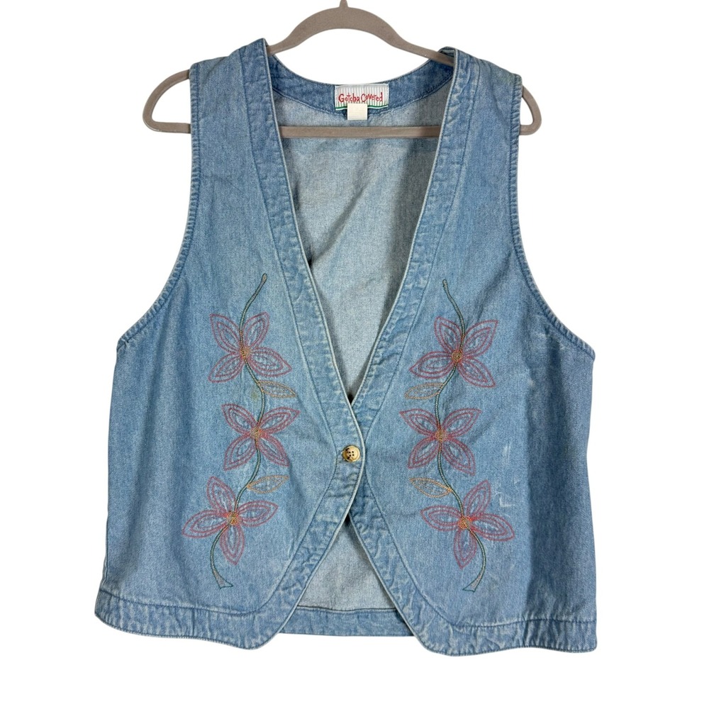 Vintage Gotcha Covered Vest Womens XL Blue Denim Floral Embroidered Made In USA